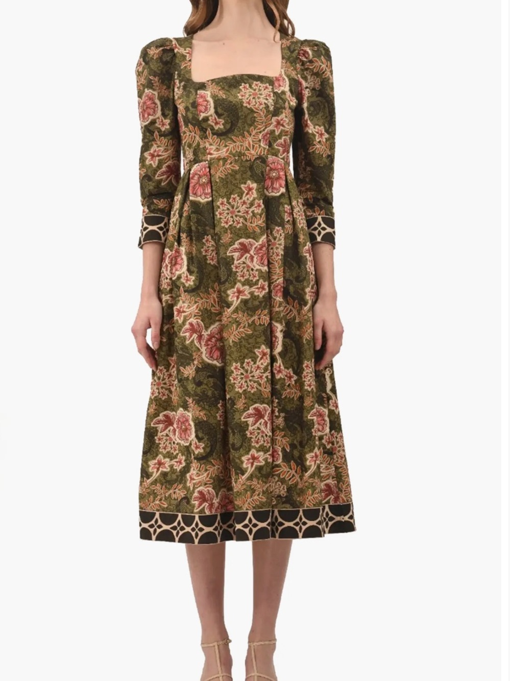 CELINA MOON Olive Floral Square-Neck Midi Dress with Pink Accents